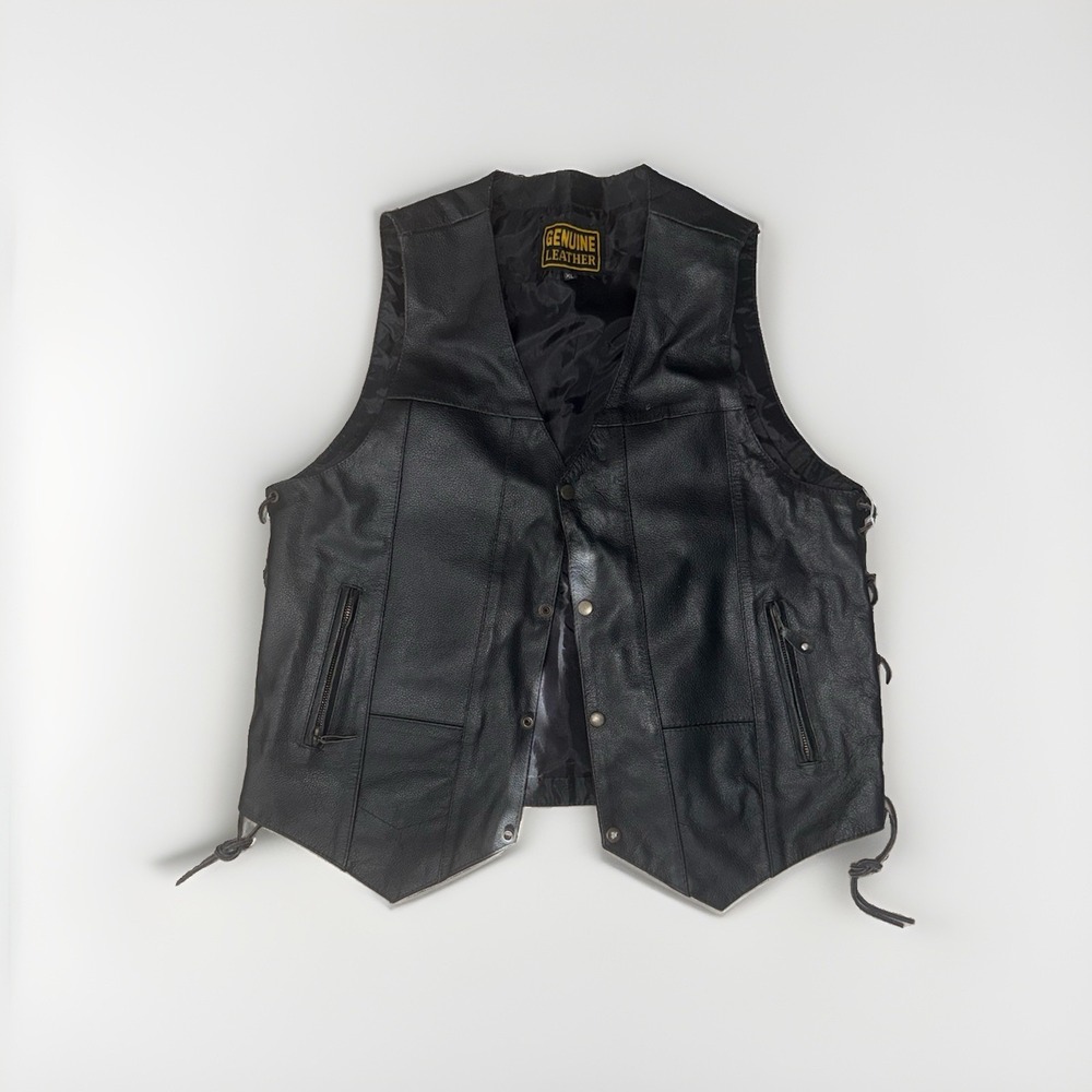 Men's Genuine Leather Black Biker Vest Size XL Ties On Sides EUC
